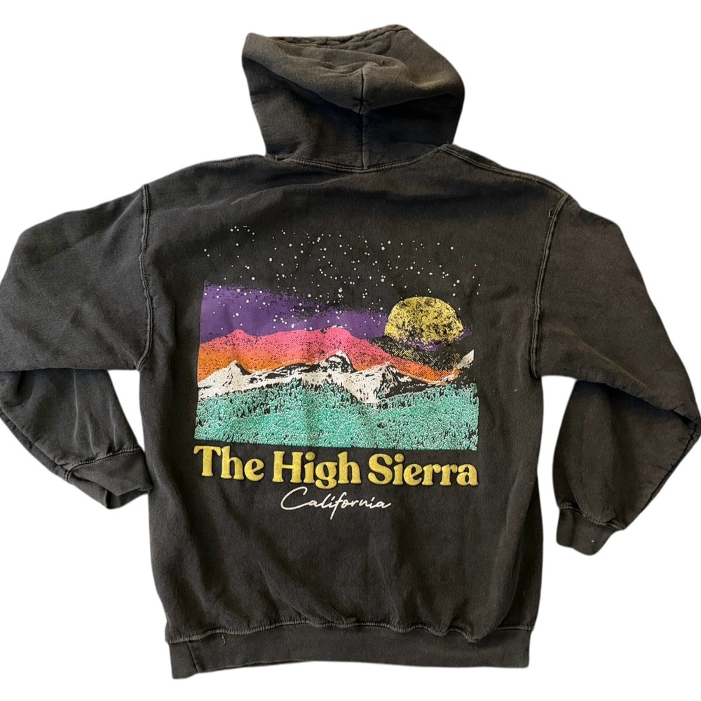 Black Burnout Hoodie M with Colorful Mountain Graphic